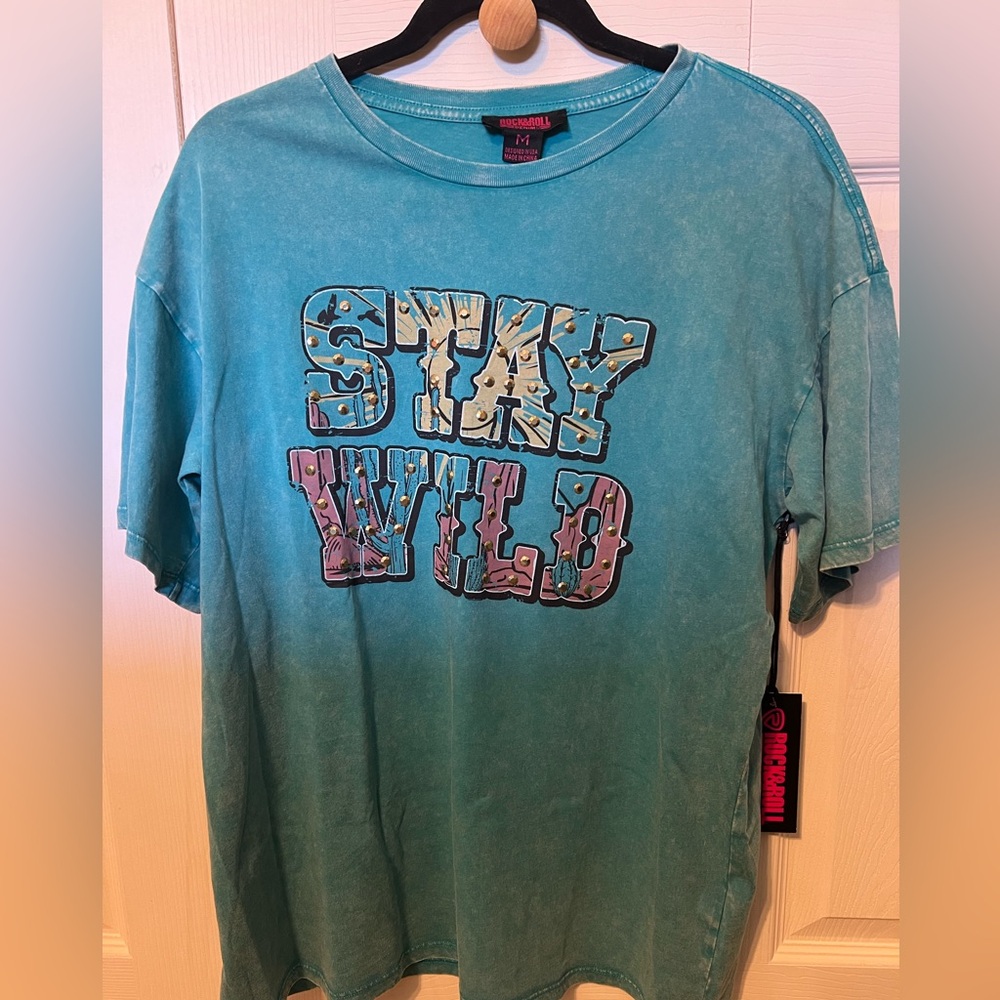 Rock & Roll Denim  “Stay Wild” Teal Graphic Tee Shirt